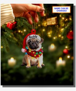 cute sitting pug puppy santa hat holiday dog lover christmas ornament 3