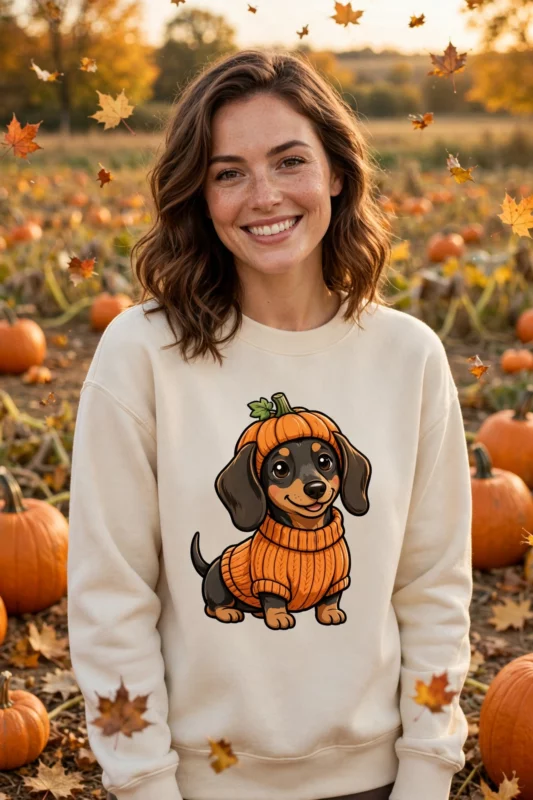 Woman in a cozy cream sweatshirt printed with a cute dachshund wearing an orange pumpkin sweater, standing by a pumpkin patch in autumn