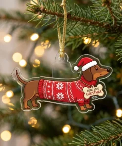 Dachshund Wiener Dog In Extra Long Santa Sweater 2026 Custom Acrylic Ornament - Front View Main Mockup