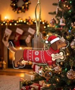 Dachshund Wiener Dog In Extra Long Santa Sweater 2026 Custom Acrylic Ornament - Lifestyle Model Mockup