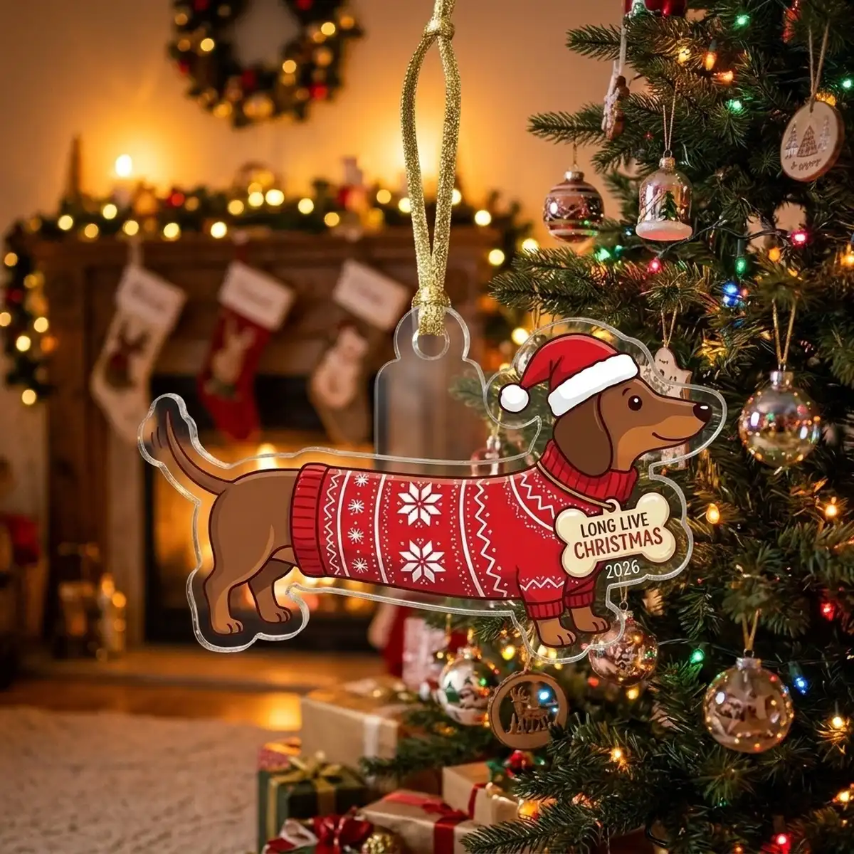 dachshund wiener dog extra long santa sweater 2026 custom acrylic ornament lifestyle Dachshund Wiener Dog In Extra Long Santa Sweater 2026 Custom Acrylic Ornament - Lifestyle Model Mockup