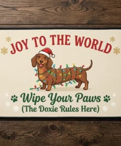 Dachshund Wrapped In Christmas Lights Paws Off The Tree Holiday Doormat - Close-up Graphic Detail Mockup