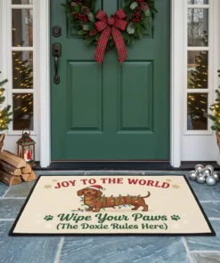 Dachshund Wrapped In Christmas Lights Paws Off The Tree Holiday Doormat - Front View Main Mockup
