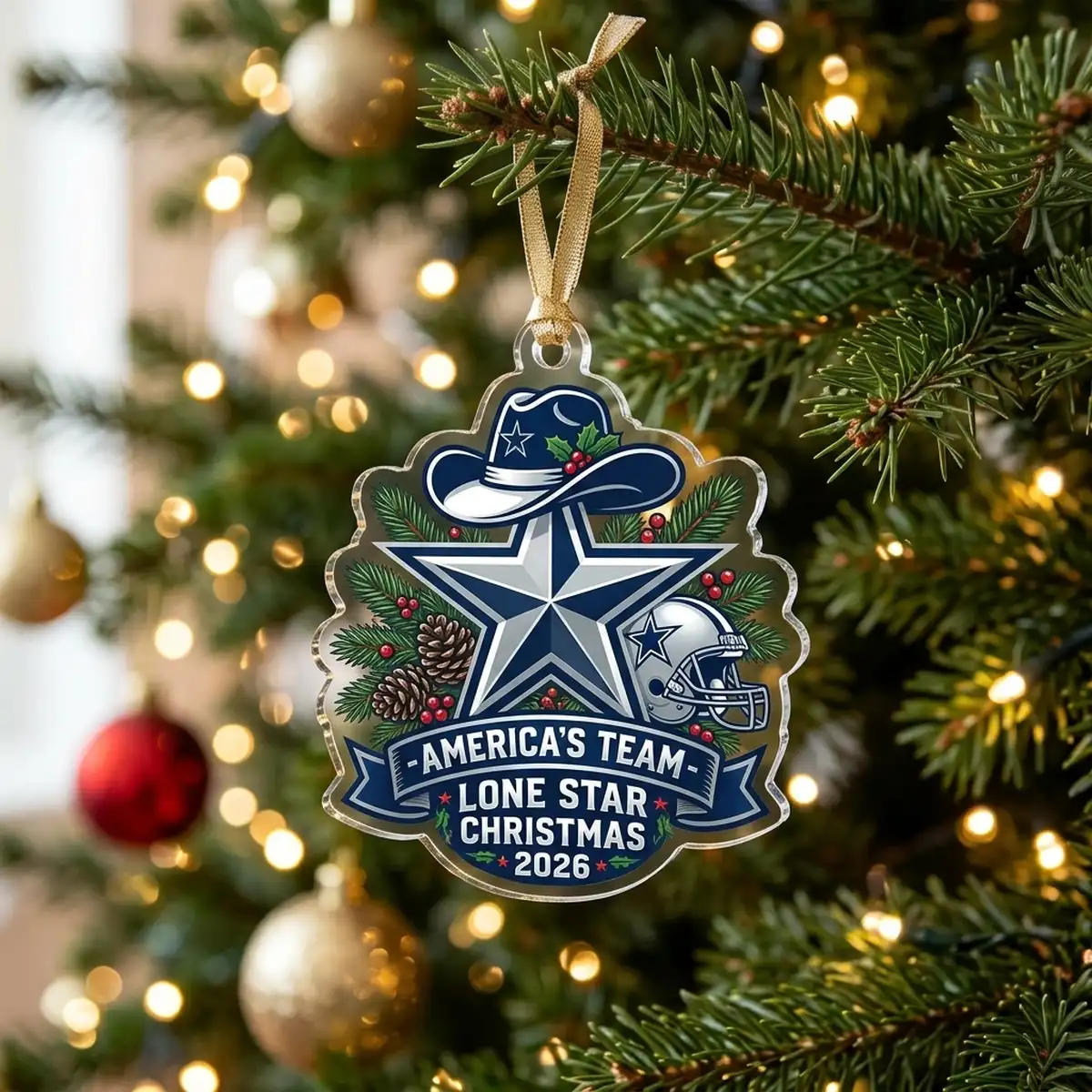 dallas cowboys americas team lone star holiday 2026 custom acrylic ornament hero Dallas Cowboys Americas Team Lone Star Holiday Pride 2026 Custom Acrylic Ornament - Front View Main Mockup