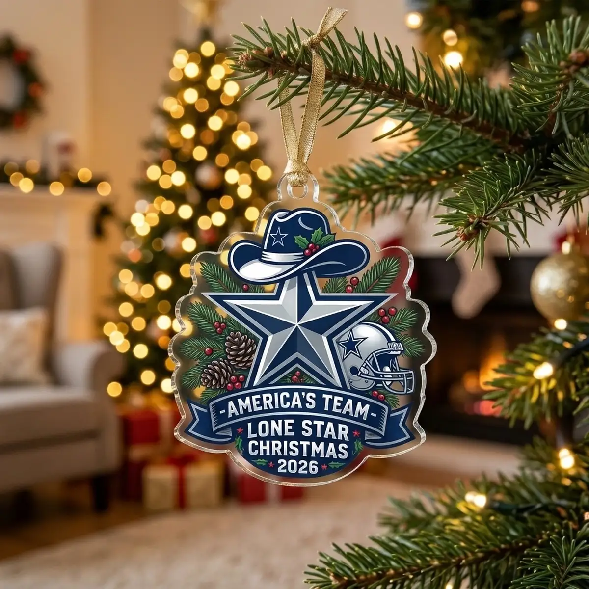 dallas cowboys americas team lone star holiday 2026 custom acrylic ornament lifestyle Dallas Cowboys Americas Team Lone Star Holiday Pride 2026 Custom Acrylic Ornament - Lifestyle Model Mockup