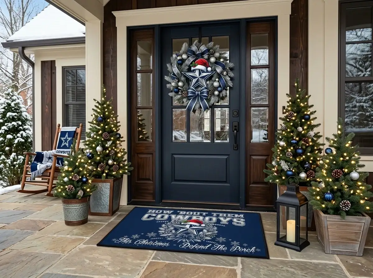 dallas cowboys star holiday silver and navy blue christmas doormat mockup 2 Dallas Cowboys Star Holiday Silver And Navy Blue Christmas Doormat - Front View Main Mockup