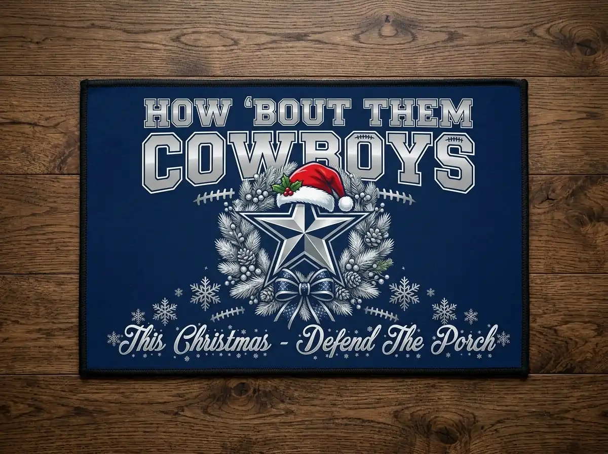 dallas cowboys star holiday silver and navy blue christmas doormat Dallas Cowboys Star Holiday Silver And Navy Blue Christmas Doormat - Close-up Graphic Detail Mockup