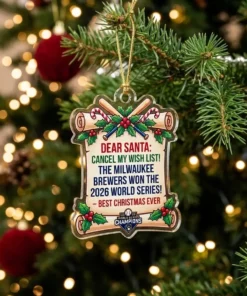 Dear Santa Brewers Won World Series 2026 Holiday Custom Acrylic Ornament - Lifestyle Model Mockup