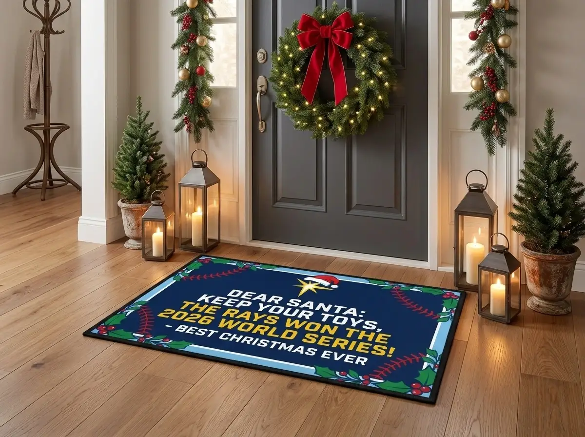 dear santa keep your toys rays won the 2026 world series holiday doormat mockup 2 Dear Santa Keep Your Toys Rays Won The 2026 World Series Holiday Doormat - Front View Main Mockup
