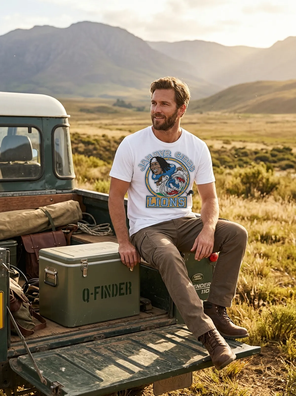 detroit lions jahmyr gibbs white tshirt safari jeep Detroit Lions Jahmyr Gibbs Shirt - Front View Main Mockup