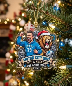 Detroit Lions Motor City Grit Dan Campbell Kneecap Bite Christmas 2026 Custom Acrylic Ornament - Front View Main Mockup