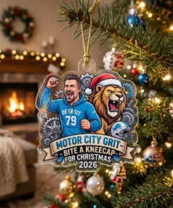 Detroit Lions Motor City Grit Dan Campbell Kneecap Bite Christmas 2026 Custom Acrylic Ornament - Lifestyle Model Mockup