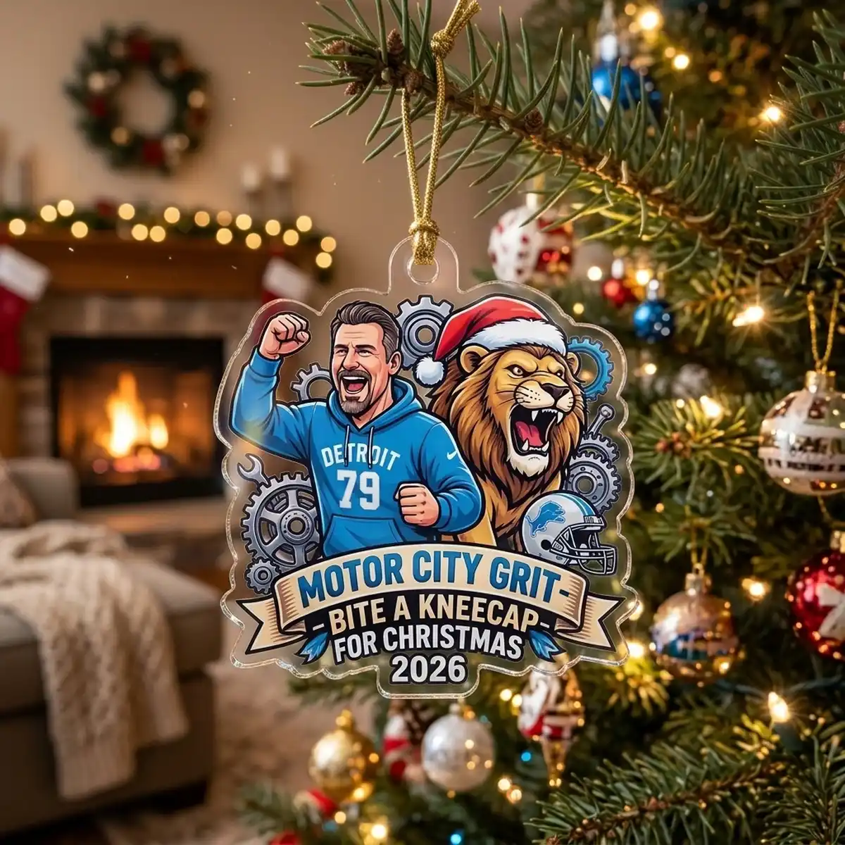 Detroit Lions Motor City Grit Dan Campbell Kneecap Bite Christmas 2026 Custom Acrylic Ornament - Design Preview