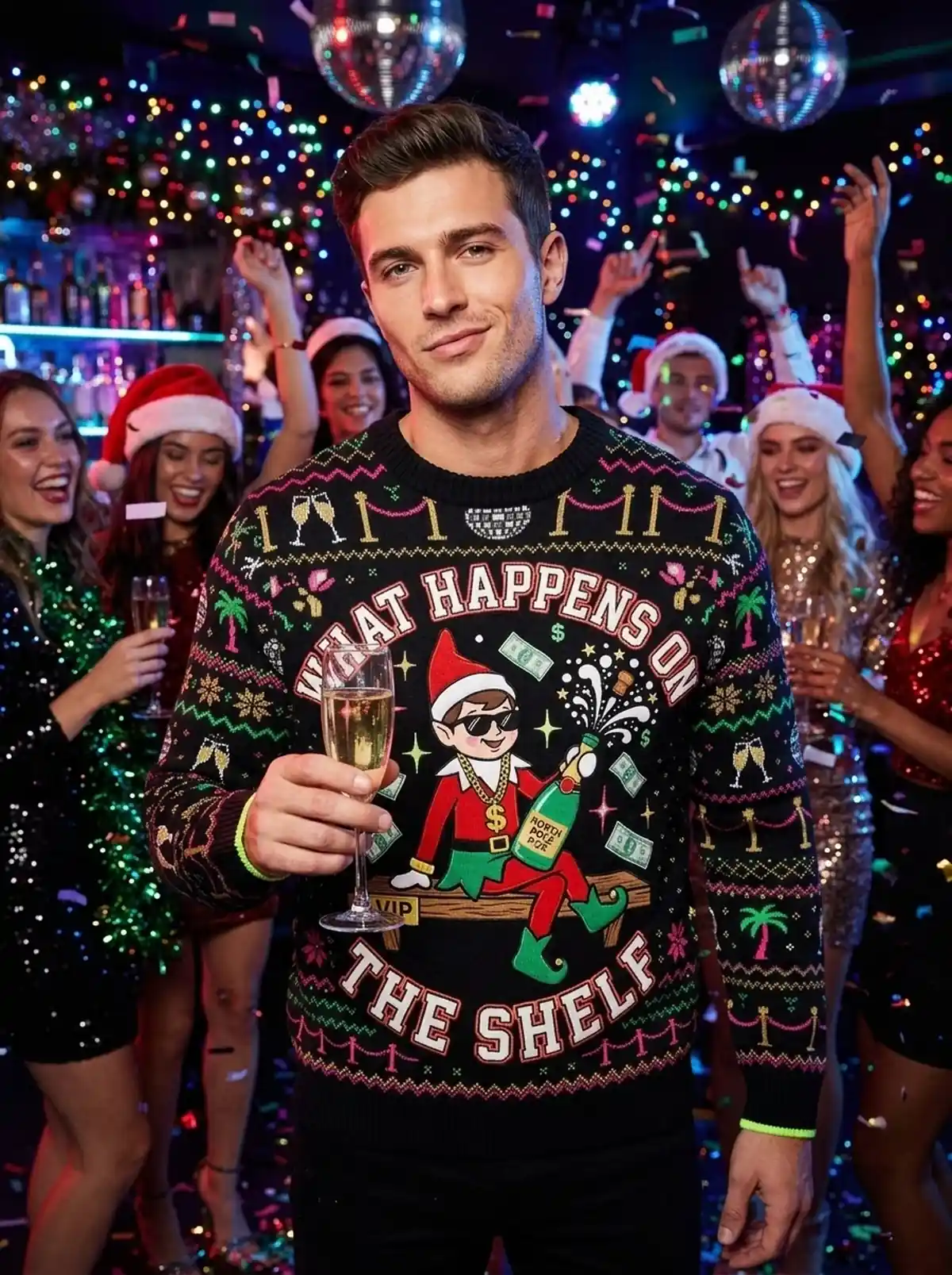 Elf On The Shelf VIP Bottle Service Ugly Christmas Sweater - Design Preview