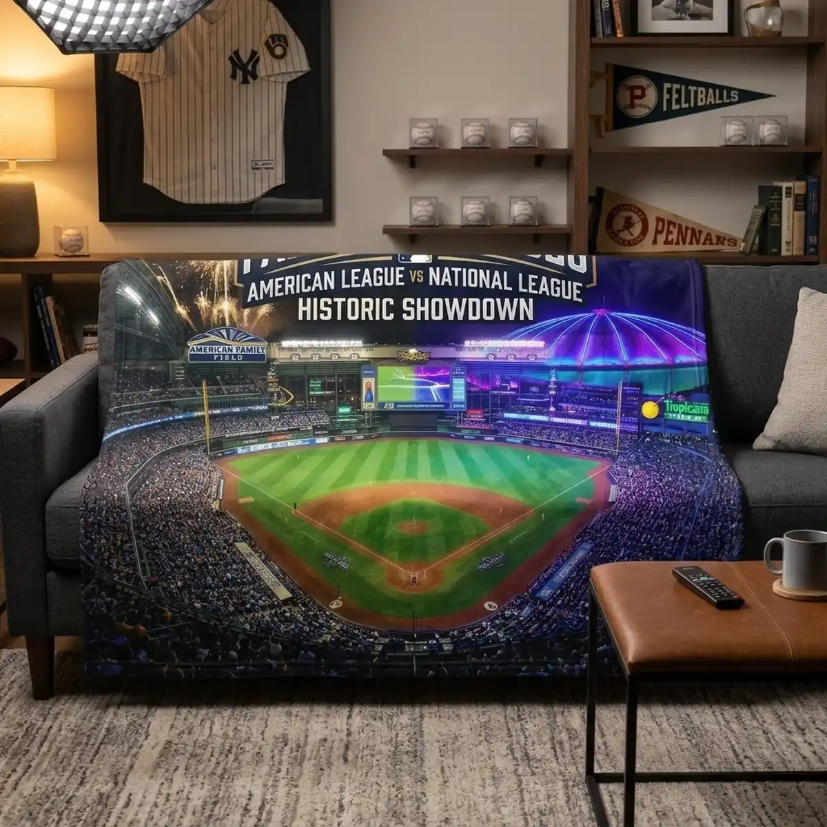 fall classic 2026 commemorative matchup stadium split view throw blanket mockup 2 Fall Classic 2026 Commemorative Matchup Stadium Split-View Throw Blanket - Front View Main Mockup