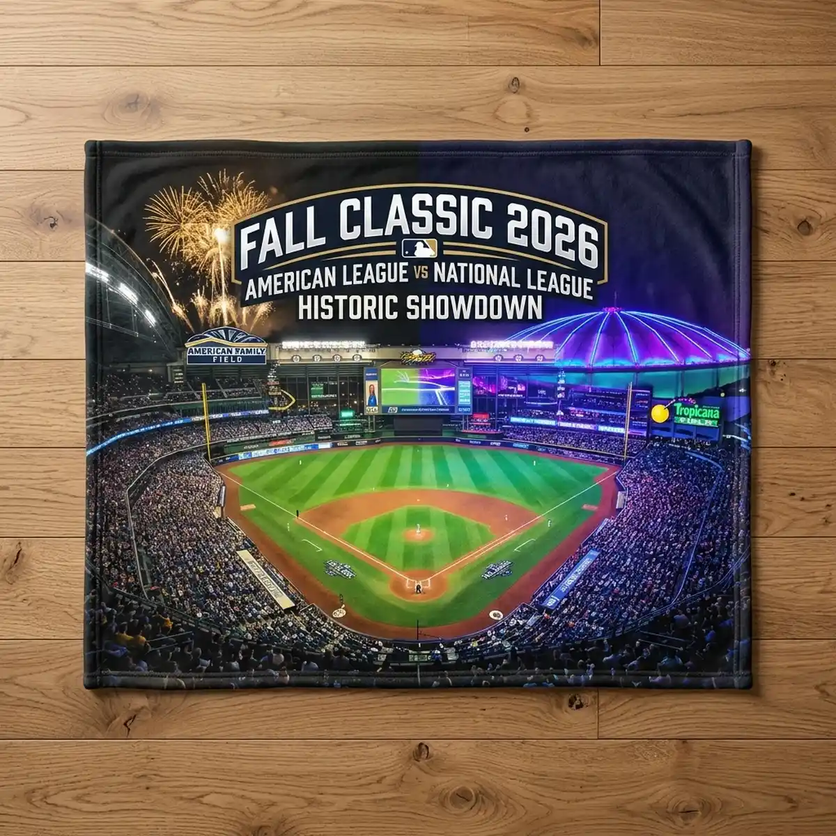 fall classic 2026 commemorative matchup stadium split view throw blanket Fall Classic 2026 Commemorative Matchup Stadium Split-View Throw Blanket - Lifestyle Model Mockup
