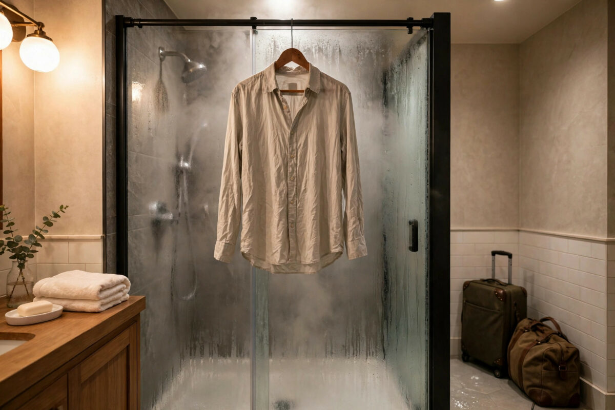 Wrinkled shirt hanging on a steamy hotel shower rod with a suitcase nearby