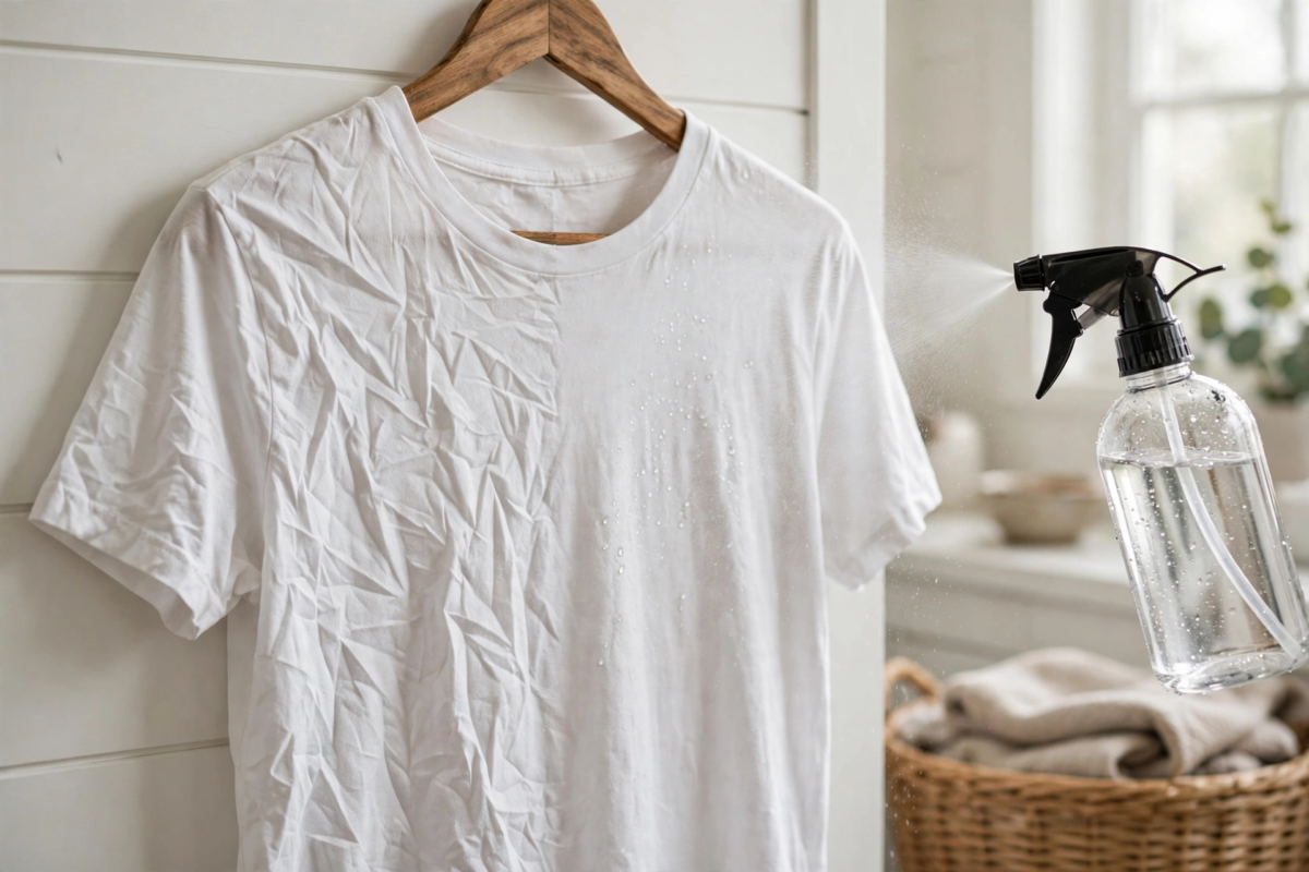 A spray bottle misting a wrinkled white T-shirt on a hanger, with wrinkles visibly smoothing where the mist lands.
