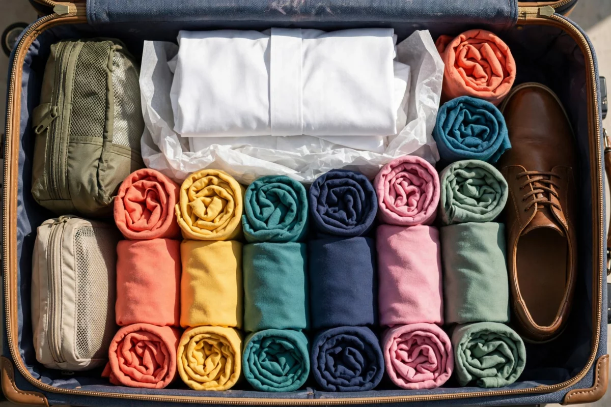 Open suitcase packed with neatly rolled t-shirts and a folded white dress shirt with tissue paper between layers