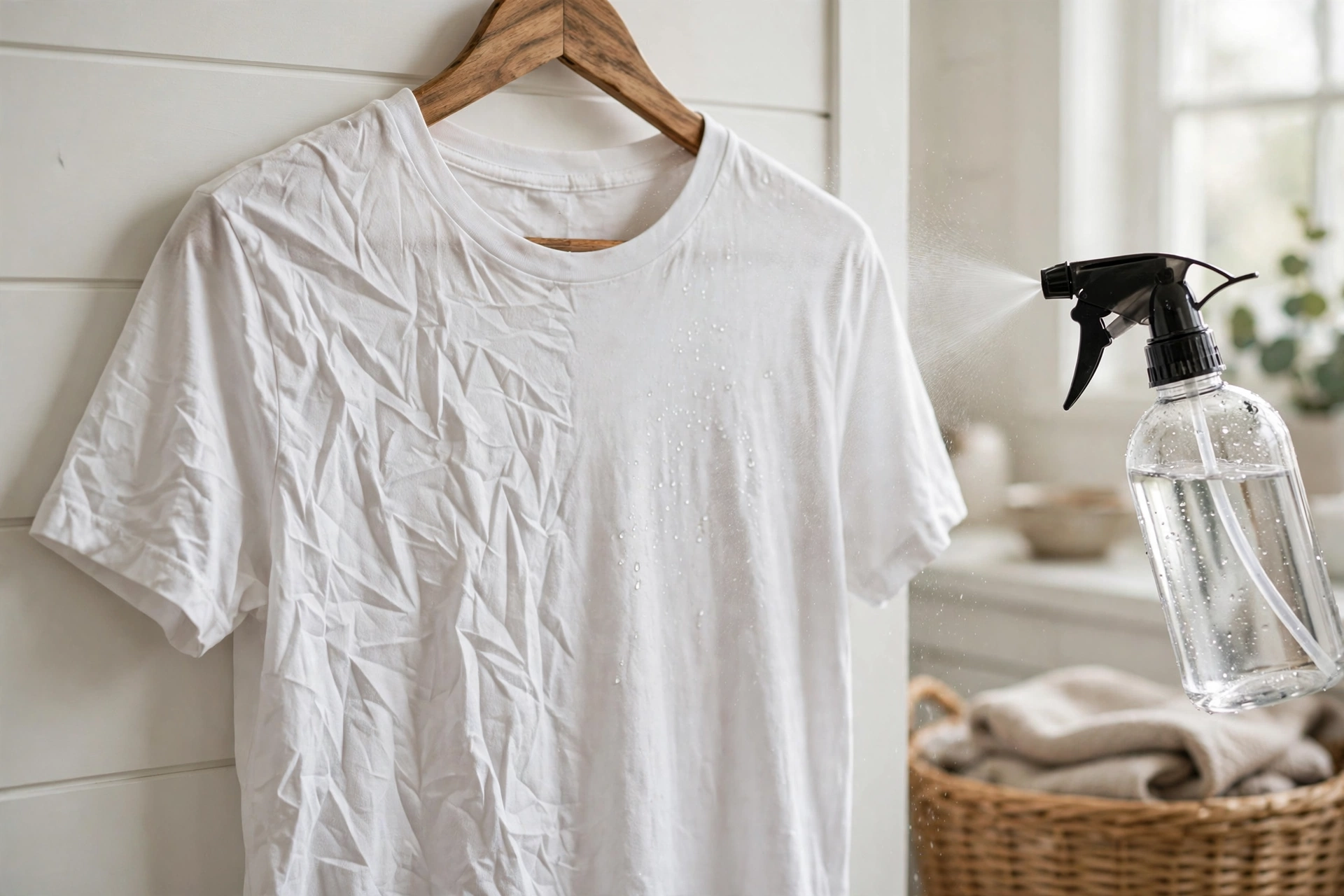A spray bottle misting a wrinkled white T-shirt on a hanger, with wrinkles visibly smoothing where the mist lands.