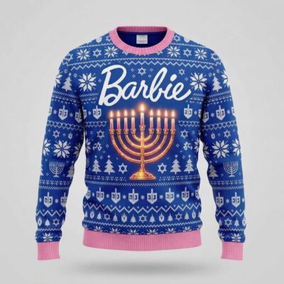 festive barbiecore dreidel menorah ugly christmas jumper holiday crewneck sweatshirt 1