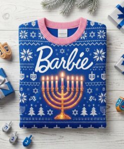 festive barbiecore dreidel menorah ugly christmas jumper holiday crewneck sweatshirt 3