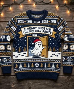 Festive Irish Exit Ghost Ghosted The Holiday Party Ugly Christmas Sweater - Front View Main Mockup