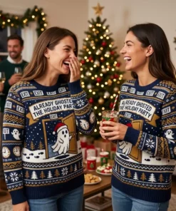 Festive Irish Exit Ghost Ghosted The Holiday Party Ugly Christmas Sweater - Lifestyle Model Mockup