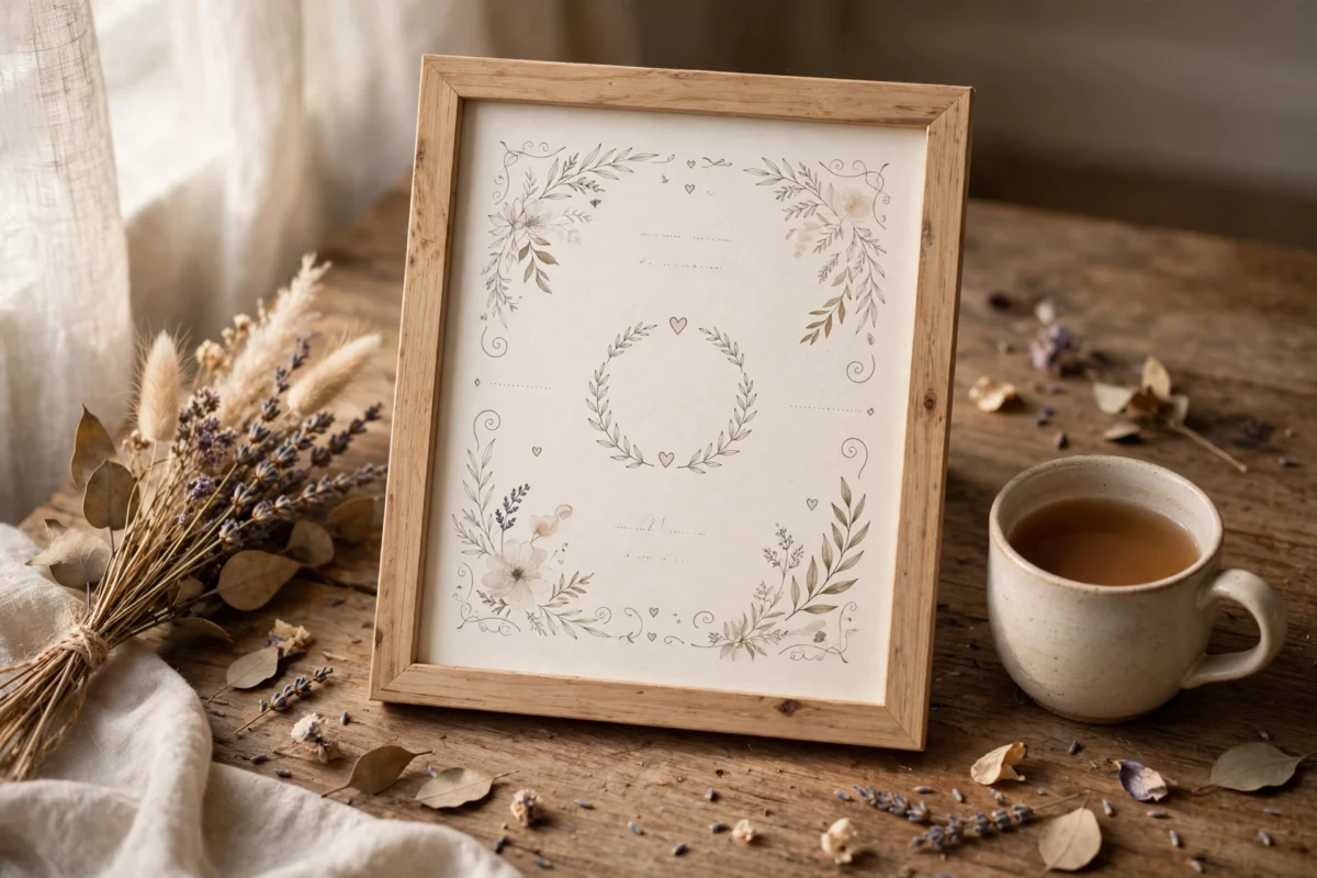 Framed personalized paper anniversary print beside a ceramic mug and dried flowers in soft window light