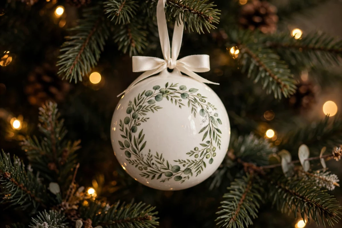 Elegant ceramic first Christmas married ornament with a wreath design on a tree