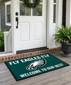 fly eagles fly welcome to our nest midnight green doormat mockup 2