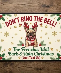 French Bulldog Reindeer Antlers Dont Ring The Bell Holiday Doormat - Close-up Graphic Detail Mockup