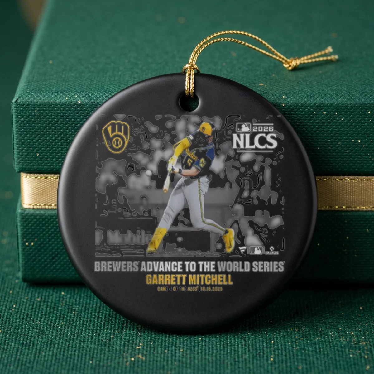 garrett mitchell milwaukee brewers 2026 national league champ ornament Garrett Mitchell Milwaukee Brewers 2026 National League Championship Series Game Frame T-Shirt - Close-up Graphic Detail Mockup