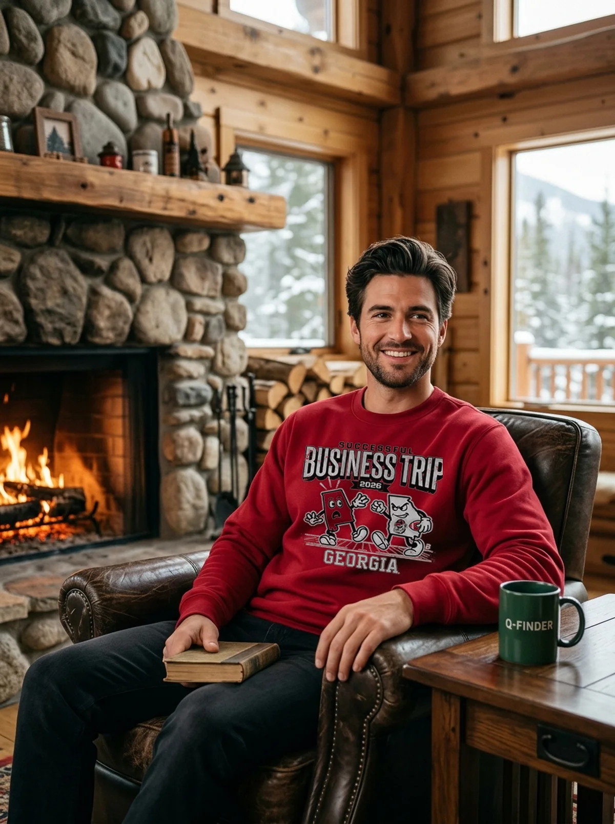 georgia football business trip red sweatshirt cabin fireplace Georgia Football Business Trip Shirt - Close-up Graphic Detail Mockup