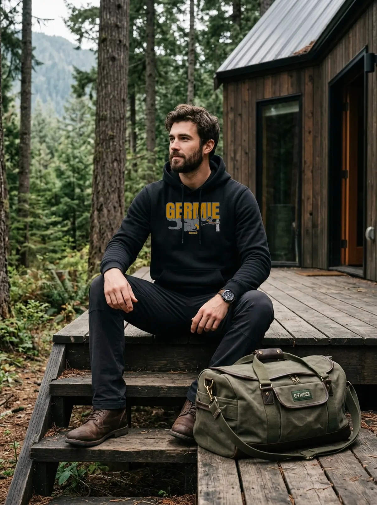 germie bernard touchdown dive black hoodie cabin steps Germie Bernard Touchdown Dive Shirt - Lifestyle Model Mockup