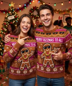 Gingerbread Guy Christmas Rizz Holiday Party Ugly Christmas Sweater - Lifestyle Model Mockup