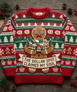Gingerbread Man Dollar Spot Hypnotized Ugly Christmas Sweater - Front View Main Mockup