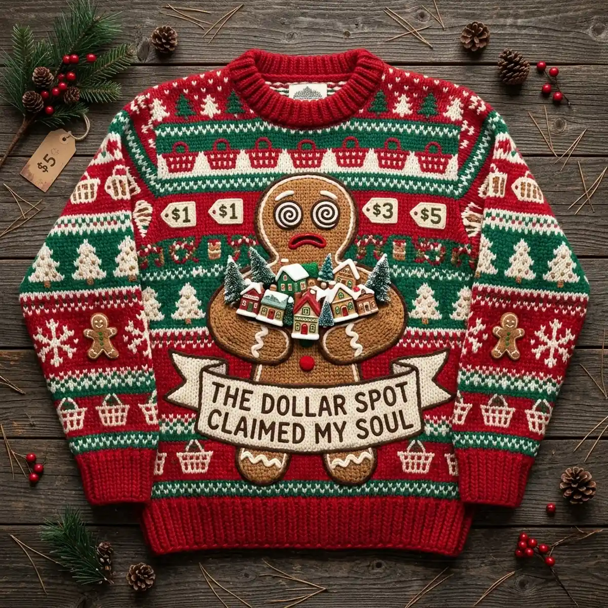 gingerbread man dollar spot hypnotized ugly christmas sweater 1 Gingerbread Man Dollar Spot Hypnotized Ugly Christmas Sweater - Front View Main Mockup