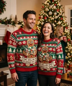 Gingerbread Man Dollar Spot Hypnotized Ugly Christmas Sweater - Lifestyle Model Mockup