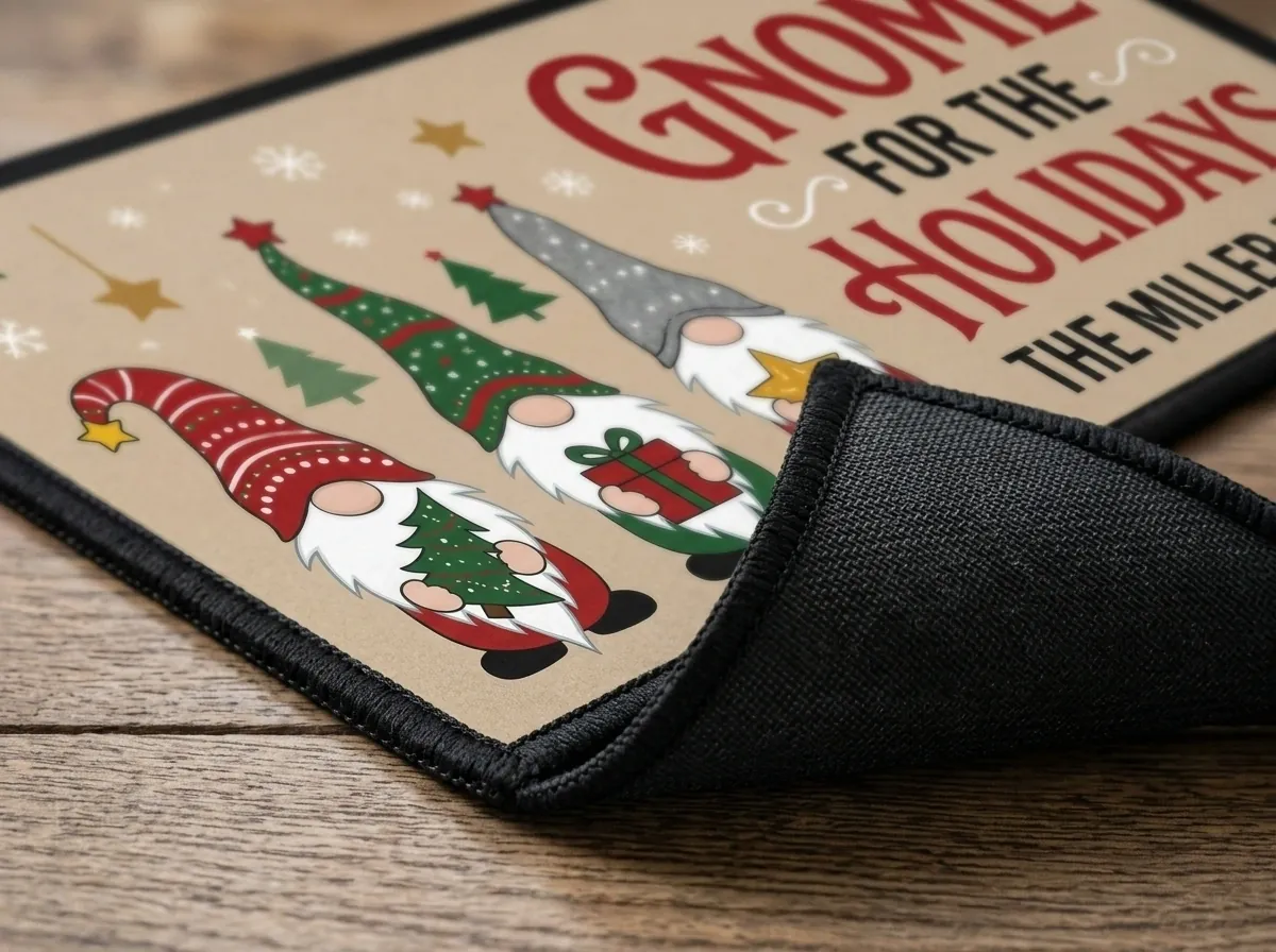 Gnome For The Holidays 3 Gnomes Personalized Christmas Doormat - Design Preview