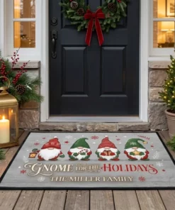 gnome for the holidays 4 gnomes personalized christmas doormat mockup 2