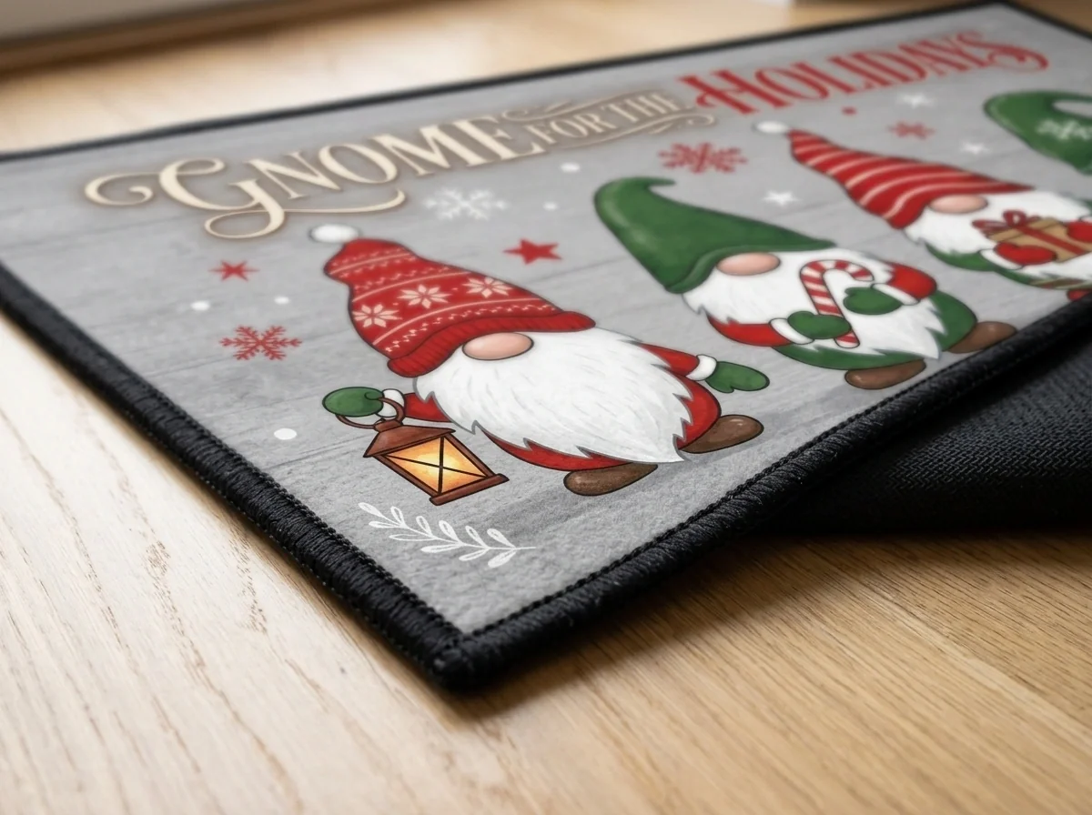 Gnome For The Holidays 4 Gnomes Personalized Christmas Doormat - Design Preview