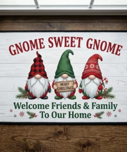 Gnome Sweet Gnome Merry Christmas Nordic Plaid Holiday Doormat - Close-up Graphic Detail Mockup