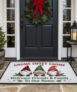 Gnome Sweet Gnome Merry Christmas Nordic Plaid Holiday Doormat - Front View Main Mockup
