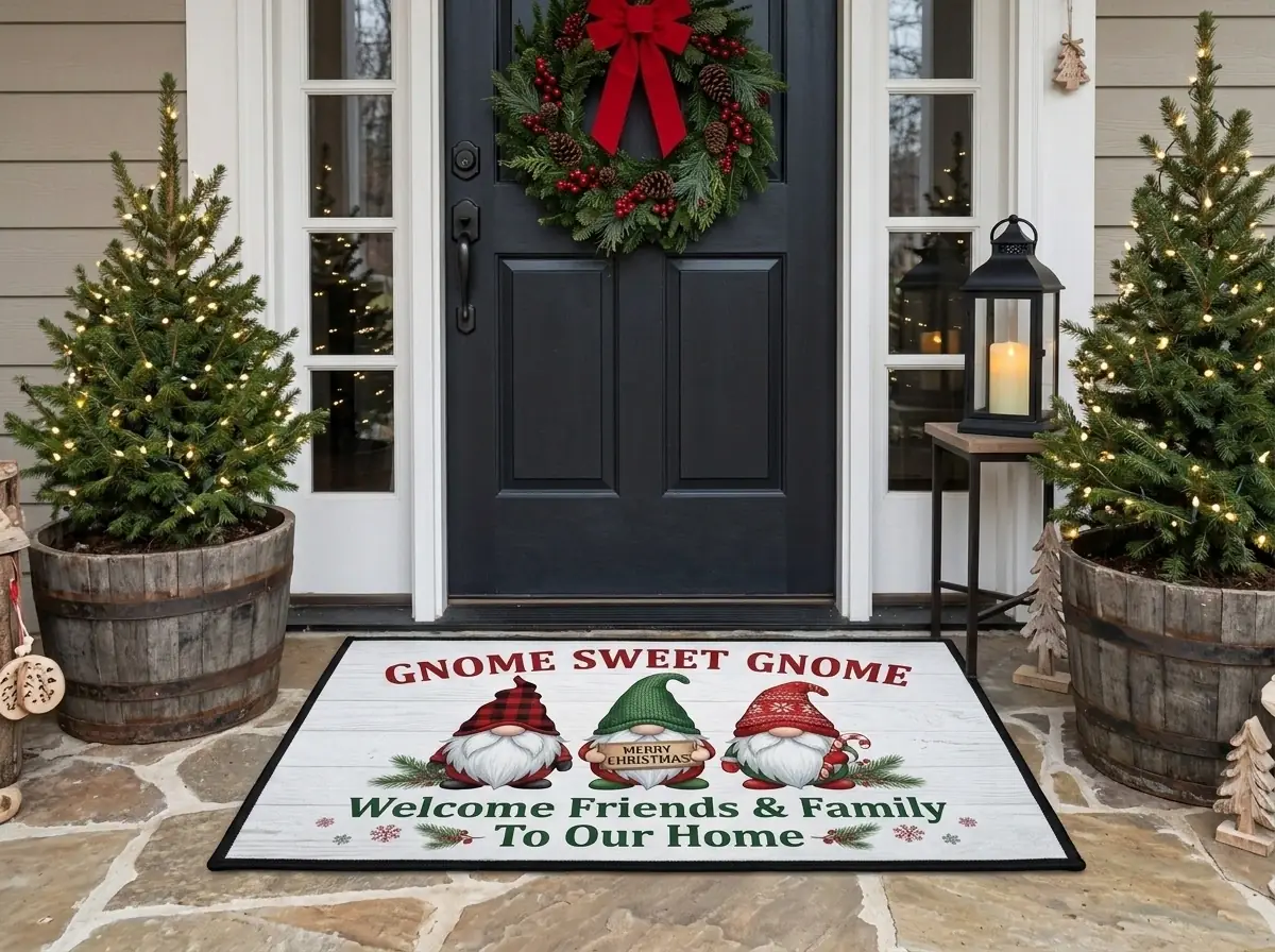 gnome sweet gnome merry christmas nordic plaid holiday doormat mockup 2 Gnome Sweet Gnome Merry Christmas Nordic Plaid Holiday Doormat - Front View Main Mockup
