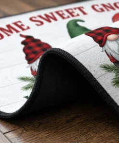 Gnome Sweet Gnome Merry Christmas Nordic Plaid Holiday Doormat - Lifestyle Model Mockup