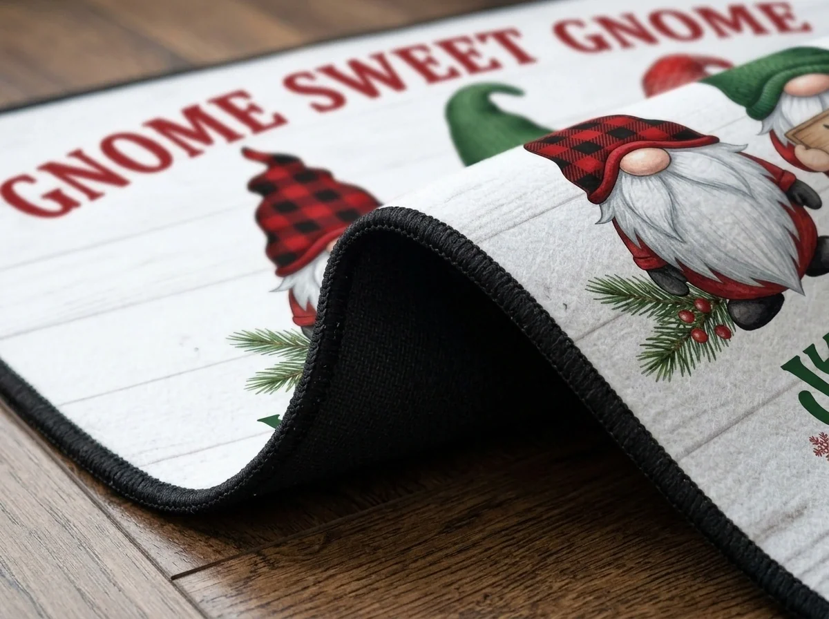 Gnome Sweet Gnome Merry Christmas Nordic Plaid Holiday Doormat - Design Preview