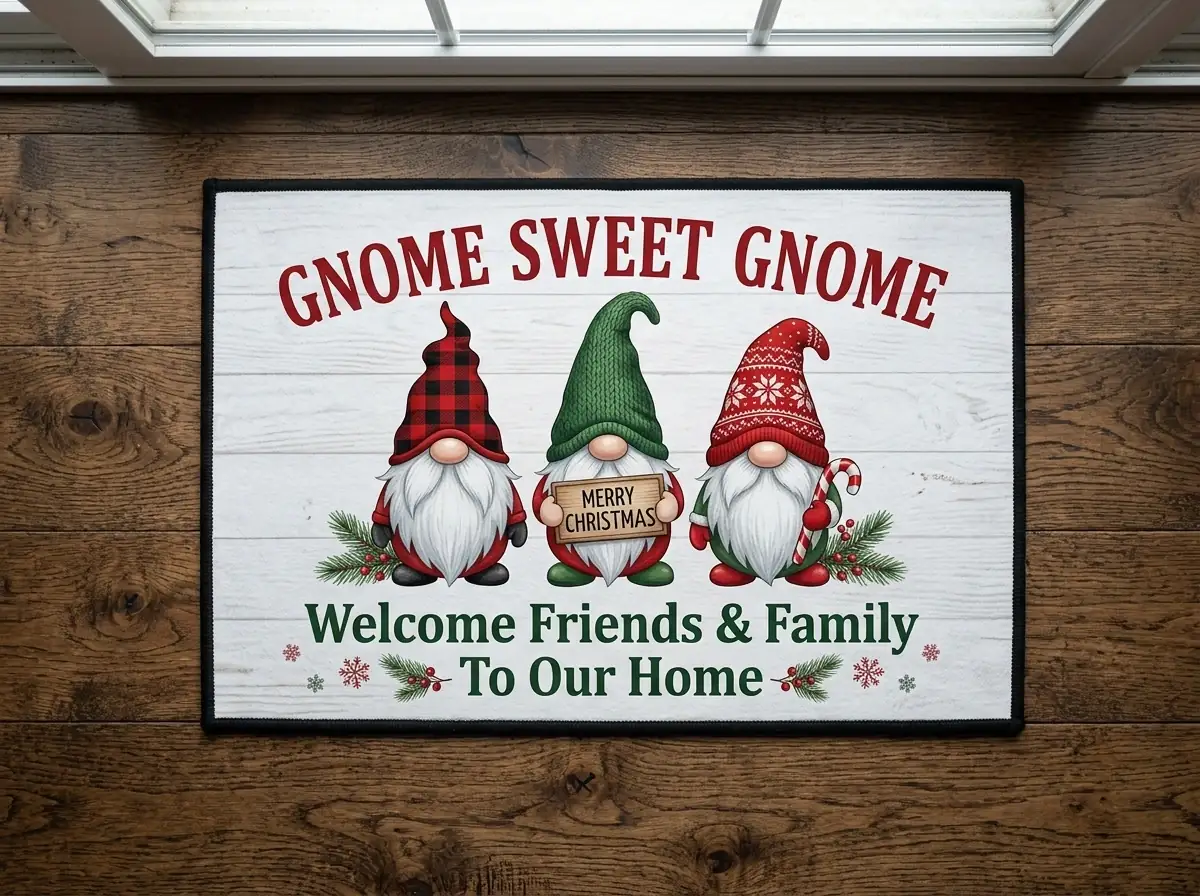 gnome sweet gnome merry christmas nordic plaid holiday doormat Gnome Sweet Gnome Merry Christmas Nordic Plaid Holiday Doormat - Close-up Graphic Detail Mockup