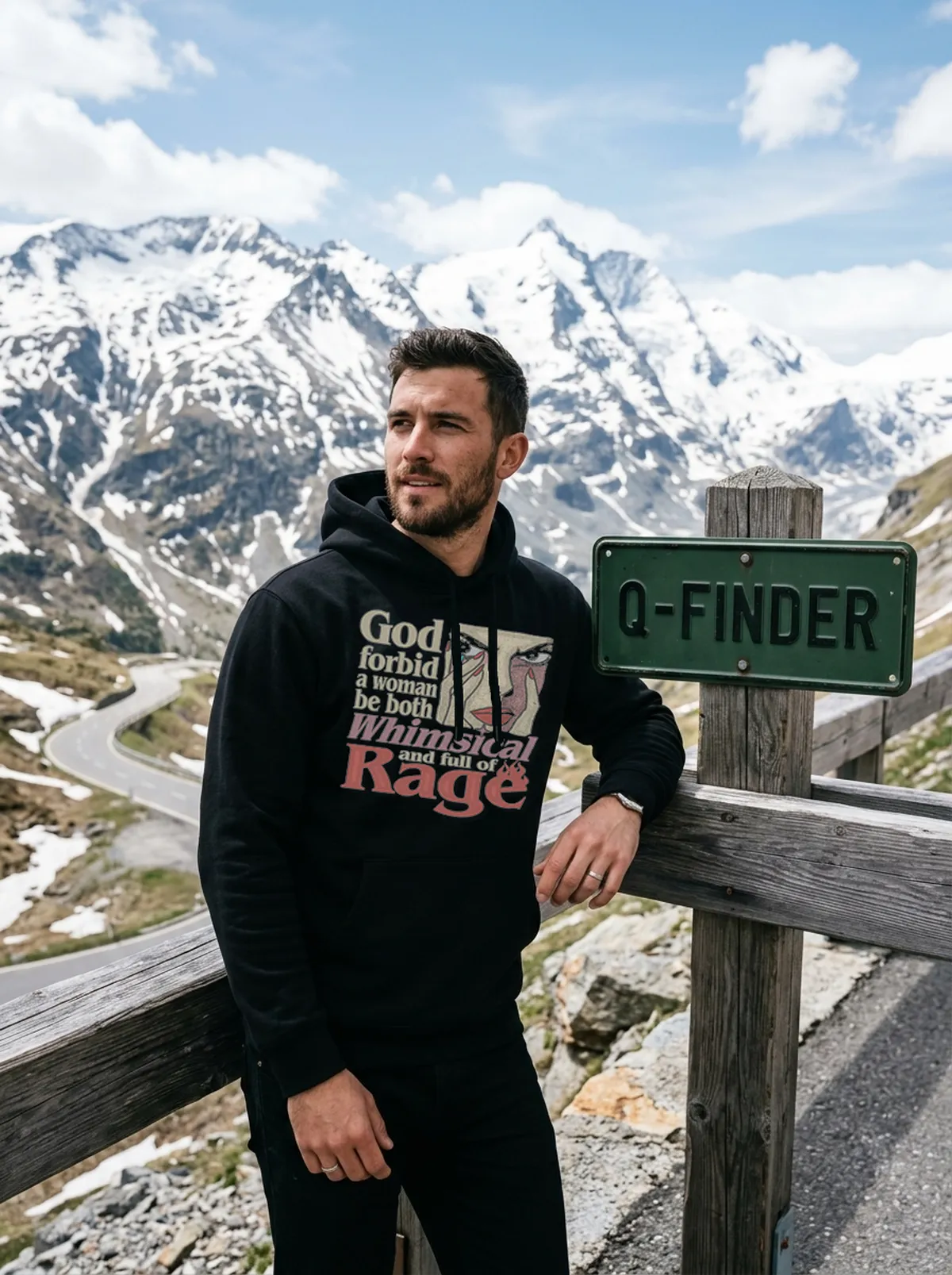 god forbid a woman be both whimsical and full of rage black hoodie alpine pass God Forbid A Woman Be Both Whimsical And Full Of Rage Shirt - Lifestyle Model Mockup