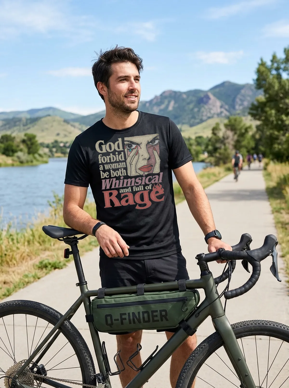 god forbid a woman be both whimsical and full of rage black tshirt gravel bike God Forbid A Woman Be Both Whimsical And Full Of Rage Shirt - Front View Main Mockup